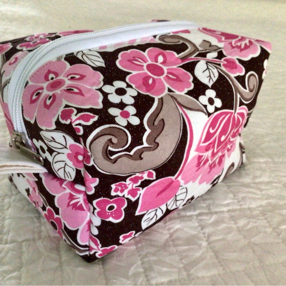 Pink and Brown Floral Cosmetic Bag with Boxy Shape